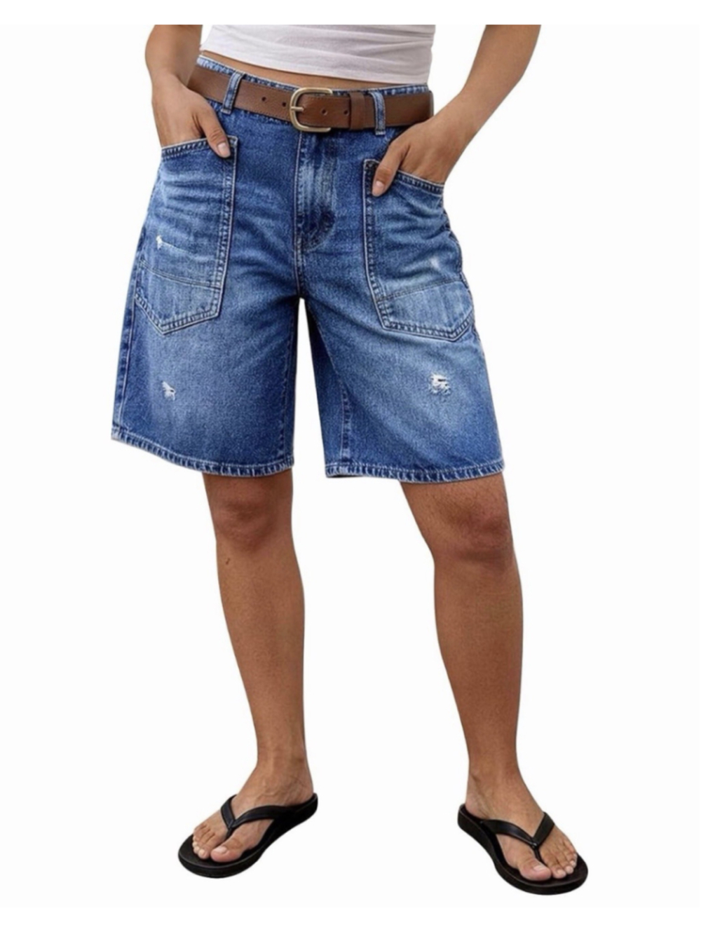 Flamingals Mid Waist Denim Bermuda Mid Thigh Length Shorts for Women XL